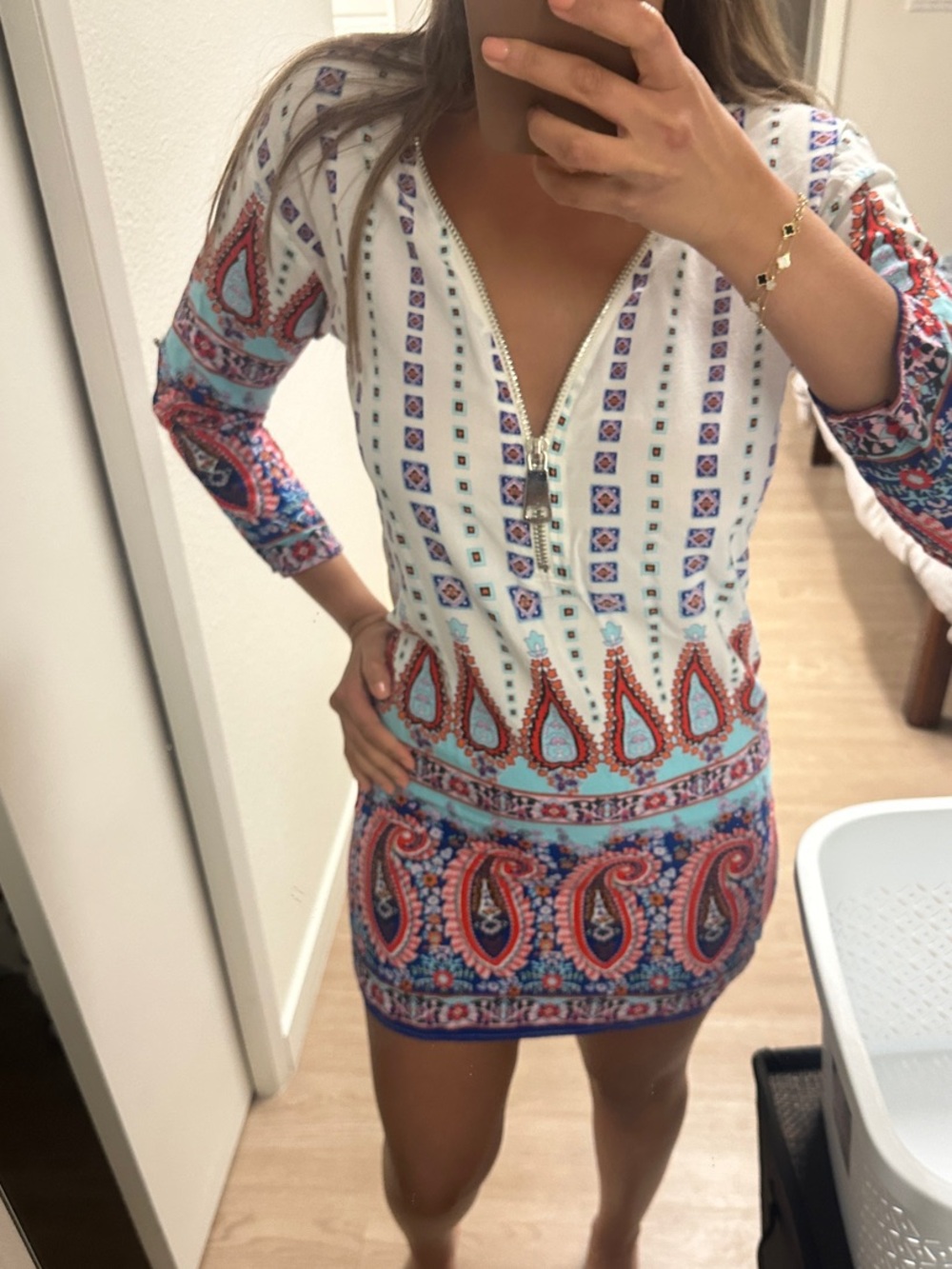Boho Paisley Print V-Neck Tunic Dress - Multicolor